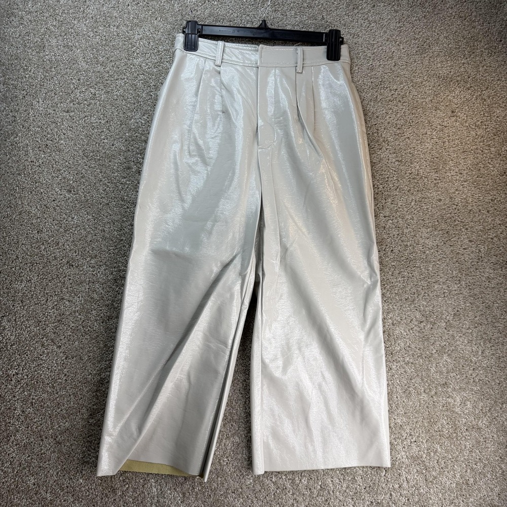 7 For All Mankind Dress Pants Womens XS Gray Faux Leather Wide Leg Pleated Lined